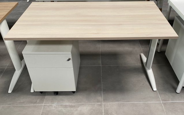 a definir - a definir - Ensemble Bureau 140x80 Piètement Blanc / Plateau Acacia, Caisson Blanc