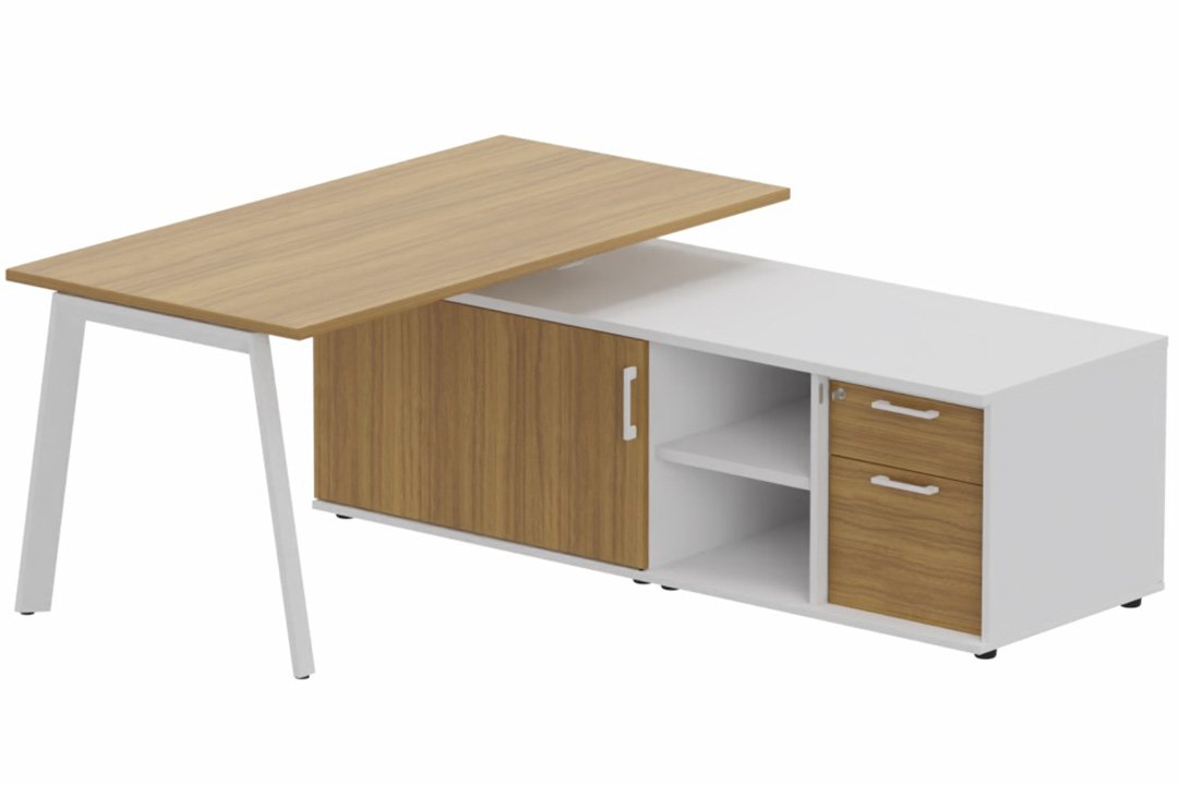 K8 Plan 180x80 avec meuble porteur (L180xP64) avec caisson 2T dont 1 DS intégré - meuble à droite - Finitions = Plateau et top de finition : noyer /Piétement :Blanc (BL) / Corps du meuble : Blanc /Façade : noyer