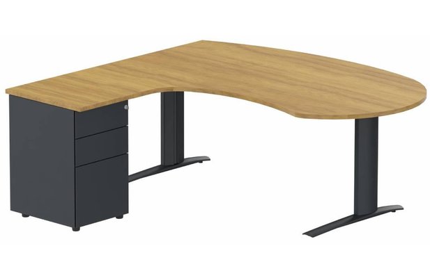 Gamme K1 - Plans compacts - k1 Poutre - Plan compact 90° asymétrique Manager 190x183x104 / 60cm avec caisson HB métal 3 tiroirs - retour à gauche - Finitions : PLATEAUX: NOYER (NO) / PIETEMENTS: ANTHRACITE (AN) / CAISSONS METALLIQUES: ANTHRACITE (AN)