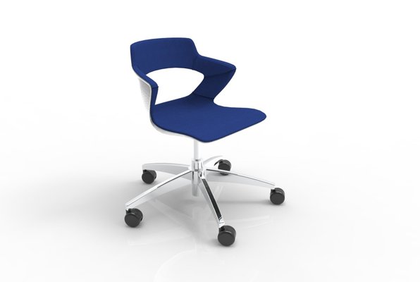 VISITEURS ET FONCTIONNELS - Sur roulettes - SWEETY Chaise réglable en hauteur,  5 branches sur roulettes en aluminium poli , coque polypropylène coloris blanc, placets assise et dossier tissu BONDAI coloris bleu