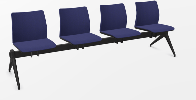 ACCUEIL - REUNION - Chaises coque bois & plastique - LEO Poutre 4 places assise et dossier en polypropylène coloris bleu. potence noire et piétement chrome