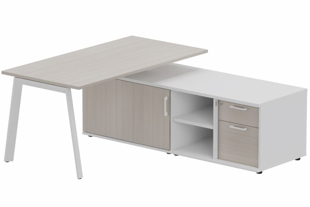 K8 Plan 200x100 avec meuble porteur (L180xP64) avec caisson 2T dont 1 DS intégré - meuble à droite -Finitions = Plateau et top de finition : Acacia /Piétement :Blanc (BL) / Corps du meuble : Blanc /Façade : Acacia