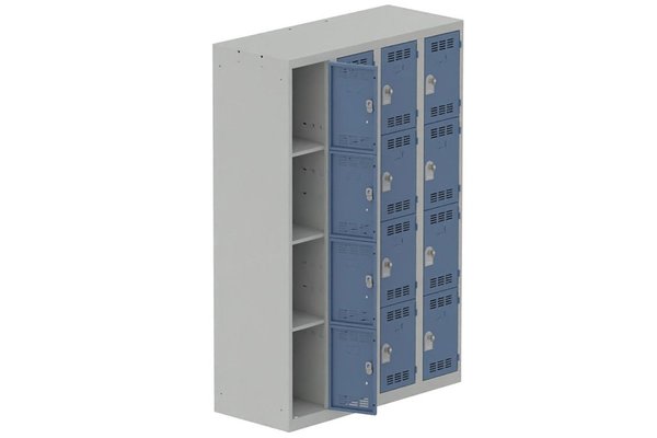 [Pas de famille] - [Pas de sous famille] - Vestiaire multicases 4 colonnes L,30cm 4 cases (fermeture cadenas) H,180xL,120xP,50cm coffre gris clair/portes bleu