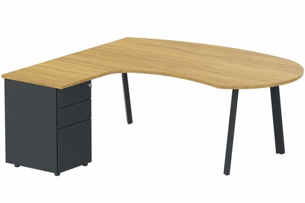 Gamme K8 - Plans compacts - K8 compact 90° manager 190x141x104x60cm sur caisson HB métal 3 tiroirs. plateau noyer. structure noir