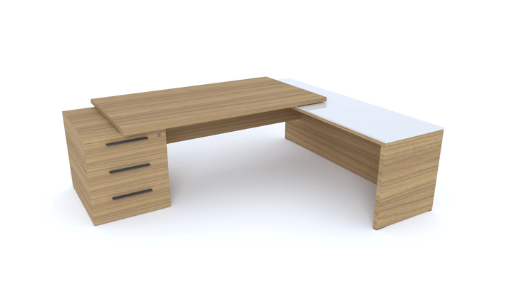 Gamme X5 - Tables de Bureau avec retour - X5 Ensemble de bureau 230x200cm : table 180x90cm avec retour mur et caisson débordant top verre 60x200cm /noyer