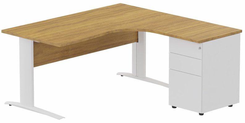 Gamme K1 - Plans compacts - K1 VDF BOIS Compact 90° asymétrique 180x162x80/60cm retour à droite avec caisson HB métal 3 tiroirs noyer/blanc