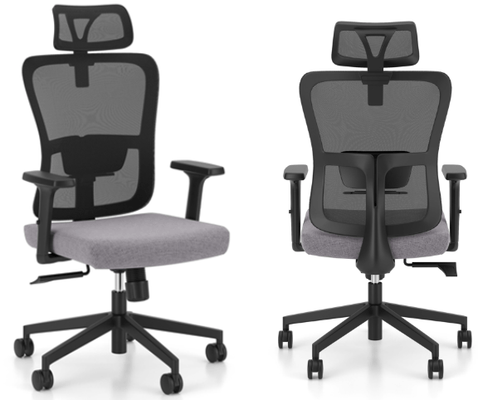 [Pas de famille] - [Pas de sous famille] - Fauteuil de Travail GABY avec têtière réglable, Haut dossier avec support lombaire réglable en hauteur, assise réglable en Hauteur, mécanisque synchrone, avec accotoirs 2D resille Noir et tissu Gris