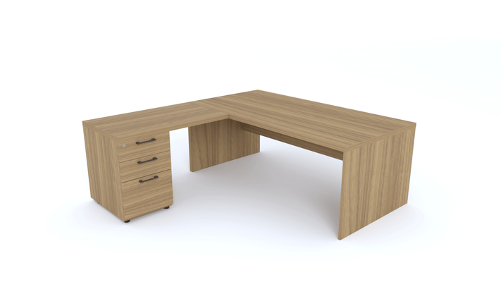 Gamme X5 - Tables de Bureau avec retour - X5 Ensemble de bureau 180x190cm : table 180x90cm + retour 60x100cm sur caisson porteur bois 3 tiroirs/ noyer, poignées noires
