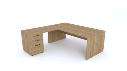 Gamme X5 - Tables de Bureau avec retour - X5 Ensemble de bureau 180x190cm : table 180x90cm + retour 60x100cm sur caisson porteur bois 3 tiroirs/ noyer, poignées noires