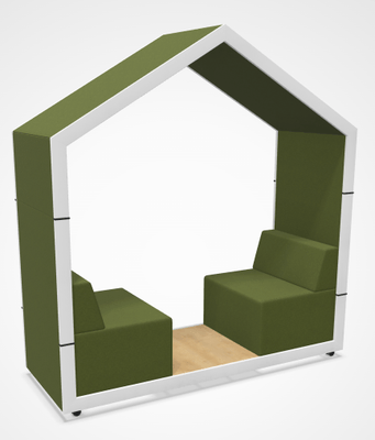 ALCOVE ACOUSTIQUE - Phones Boxes - COTTAGE DUO ouvert (sans fond) avec table plateau blanc épaisseur 18mm, banquettes intégrées, murs intérieurs et extérieurs en tissu, L.210xP.78xH.228cm, 4 roulettes dont 2 avec frein