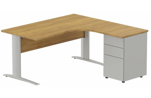 Gamme K1 - Plans compacts - K1 Voile de fond Bois- Plan compact 90° asymétrique 160x162x80/60cm avec caisson HB métal 3 tiroirs - retour à droite -Finitions : PLATEAUX: NOYER (NO) / PIETEMENTS: ALUMINIUM (AL) / CAISSONS METALLIQUES: ALUMINIUM (AL)