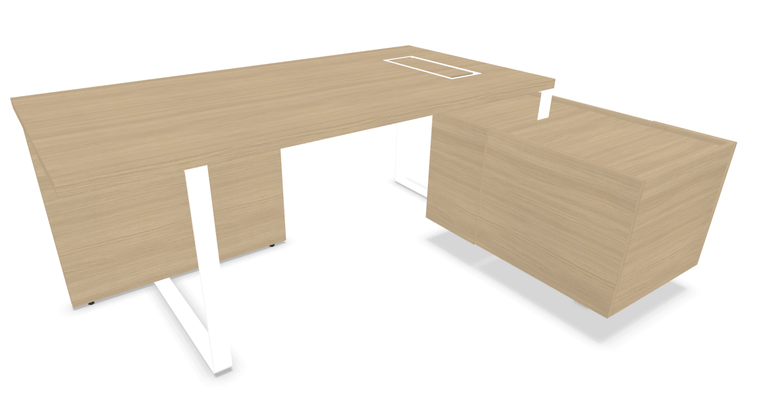 Gamme P1 - Tables de bureau - P1 Ensemble de bureau 204x150cm. crédence retour à droite. top Access. avec voile de fond Coloris Chêne Blanchi, Piètement blanc