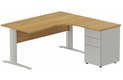 K1 Voile de fond Bois- Plan compact 90° asymétrique 160x162x80/60cm avec caisson HB métal 3 tiroirs - retour à droite -Finitions : PLATEAUX: NOYER (NO) / PIETEMENTS: ALUMINIUM (AL) / CAISSONS METALLIQUES: ALUMINIUM (AL)