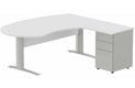K1 VDF bois compact 90° manager 190x141x104x60cm sur caisson HB métal 3 tiroirs, plateau blanc, structure aluminium