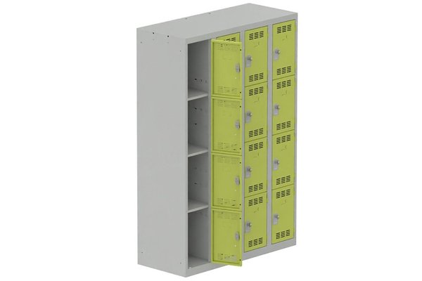 [Pas de famille] - [Pas de sous famille] - Vestiaire multicases 4 colonnes L,30cm 4 cases (fermeture cadenas) H,180xL,120xP,50cm coffre gris clair/portes anis