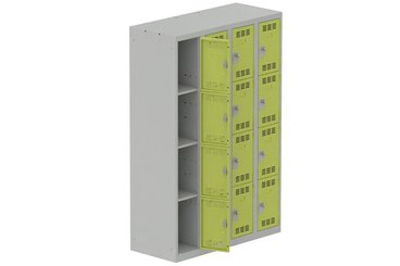 [Pas de famille] - [Pas de sous famille] - Vestiaire multicases 4 colonnes L,30cm 4 cases (fermeture cadenas) H,180xL,120xP,50cm coffre gris clair/portes anis