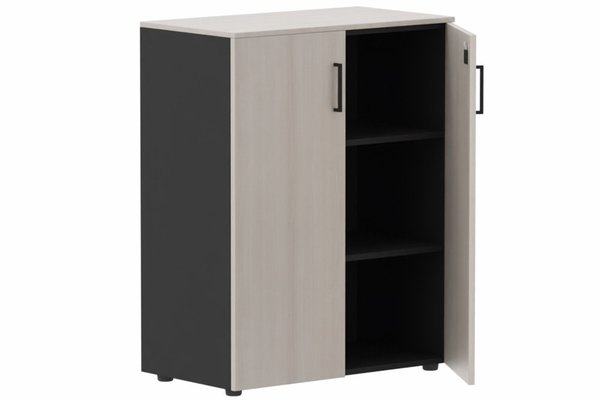 ARMOIRES PORTES BATTANTES - Mélaminés - Armoire mélamine H102xL120cm portes bois, Top de finition : Acacia / Corps d'armoire et tablettes : noir / Façade : Acacia