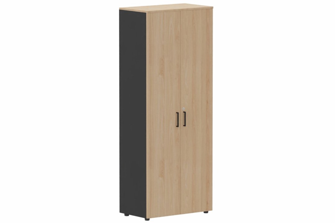 Armoire mélamine H195 xL80cm portes bois, -Finitions= Top de finition : Hêtre / Corps d'armoire et tablettes : noir / Façade : Hêtre