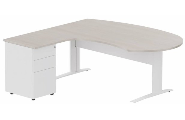 Gamme K1 - Plans compacts - K1 VDF métal compact 90° manager 190x141x104x60cm sur caisson HB métal 3 tiroirs, plateau acacia, structure blanc