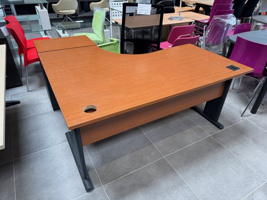 DESTOCKAGE - Bureau - Bureau occasion plan compact asymétrique 90° 160x162cm retour droite sur caisson 3 tiroirs plateau merisier piét. anthracite