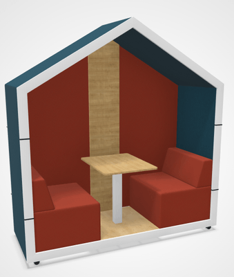 ALCOVE ACOUSTIQUE - Phones Boxes - COTTAGE DUO "avec fond" revêtu de tissu avec table plateau blanc épaisseur 18mm, banquettes intégrées, murs intérieurs et extérieurs en tissu, L.210xP.78xH.228cm, 4 roulettes dont 2 avec frein