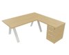X3 Plan Manager 200*100cm + retour 100x60cm sur caisson hauteur de bureau 3 tiroirs (encombrement 180x190cm). Plateau, caisson Chêne clair et piètement Blanc.