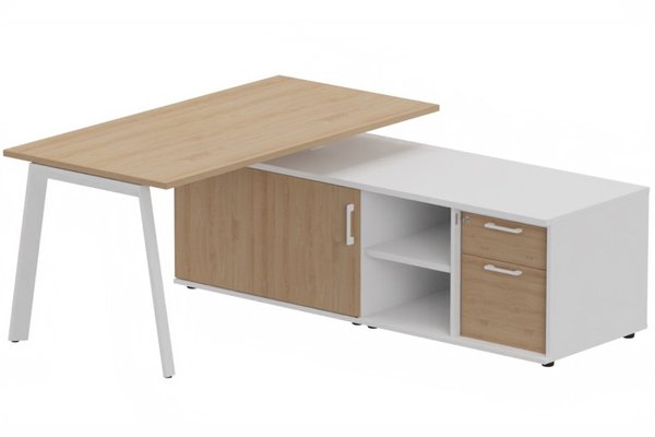 Gamme K8 - Plans droits - K8 Plan 200x100 avec meuble porteur (L180xP64) avec caisson 2T dont 1 DS intégré - meuble à droite - Finitions = Plateau et top de finition : Hêtre/Piétement :Blanc (BL) / Corps du meuble : Blanc /Façade : Hêtre