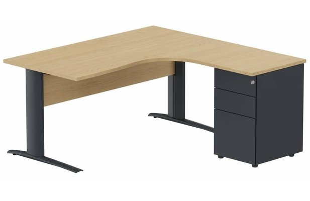 Gamme K1 - Plans compacts - K1 Voile de fond Bois- Plan compact 90° asymétrique 160x162x80/60cm avec caisson HB métal 3 tiroirs - retour à droite -Finitions : PLATEAUX: CHENE (CE) / PIETEMENTS: ANTHRACITE (AN) / CAISSONS METALLIQUES: ANTHRACITE (AN)
