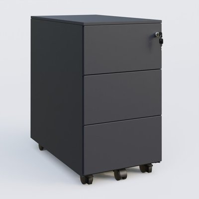 [Pas de famille] - [Pas de sous famille] - Caisson métal slim sur roulettes 3 tiroirs H57xL32xP54cm/ anthracite