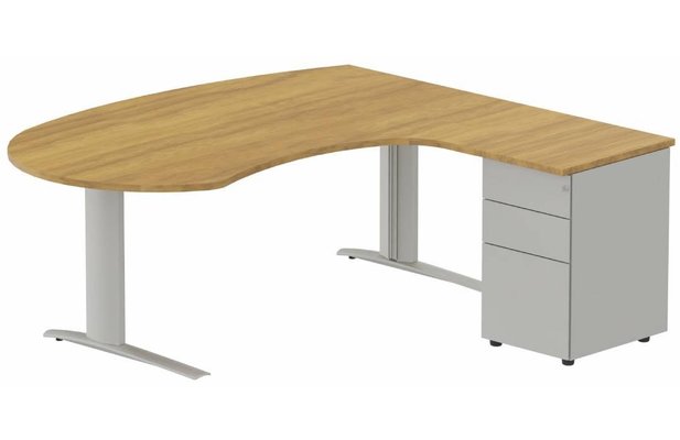 Gamme K1 - Plans compacts - K1 POUTRE compact 90° manager 190x141x104x60cm sur caisson HB métal 3 tiroirs, plateau noyer, structure aluminium