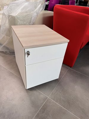 DESTOCKAGE - Rangements - Caisson métallique blanc 2 tiroirs dont 1 pour dossier suspendu et top de finition acacia