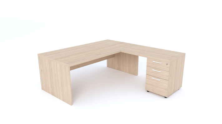 Gamme X5 - Tables de Bureau avec retour - X5- Plan Manager 180x90cm avec retour 100x60cm sur caisson hauteur bureau 3 tiroirs (encombrement 180x190cm) -Finitions = Plateau : Chêne (CE) / Caisson : Chêne (CE) / Piètements : Chêne (CE), poignées blanches