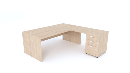 Gamme X5 - Tables de Bureau avec retour - X5- Plan Manager 180x90cm avec retour 100x60cm sur caisson hauteur bureau 3 tiroirs (encombrement 180x190cm) -Finitions = Plateau : Chêne (CE) / Caisson : Chêne (CE) / Piètements : Chêne (CE), poignées blanches