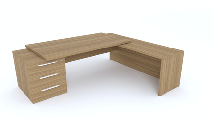 Gamme X5 - Tables de Bureau avec retour - X5 Ensemble de bureau 230x200cm : table 180x90cm avec retour mur et caisson débordant 60x200cm /noyer poignées blanches