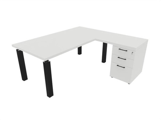 [Pas de famille] - [Pas de sous famille] - X4 Ensemble de bureau 180x90cm + retour 60x100cm sur caisson porteur bois 3 tiroirs blanc / noir - sur délai