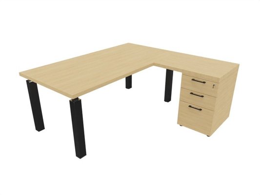 [Pas de famille] - [Pas de sous famille] - X4- Plan Manager 180x90cm + retour 100x60cm sur caisson hauteur de bureau 3 tiroirs (encombrement 180x190cm) -Finitions = Plateau : Chêne (CE) / Caisson : Chêne (CE) / Piètements : noir