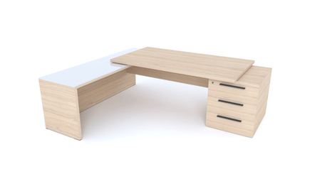 Gamme X5 - Tables de Bureau avec retour - X5- Plan Manager 200x100cm sur caisson XXL 3 tiroirs avec retour mur débordant top verre (encombrement 256x200cm) Finitions = Plateau : Chêne (CE) /Plateau : Verre (VB)/ Caisson: Chêne (CE)