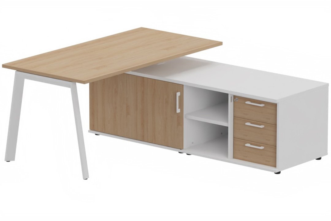 K8 Plan 160x80 avec meuble porteur (L180xP64) avec caisson 3T intégré - meuble à droite -Finitions = Plateau et top de finition : Hêtre /Piétement :Blanc (BL) / Corps du meuble et séparations : Blanc (BL) /Façade : Hêtre