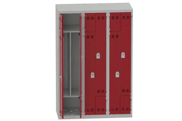 [Pas de famille] - [Pas de sous famille] - Vestiaire gain de place 3 colonnes (fermeture cadenas) H,180xL,120xP,50cm coffre gris clair/portes rouge