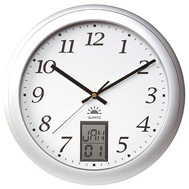 HORLOGES - Dateur - Pendule avec dateur, diamètre 30cm avec changement d'heure automatique, fond blanc et cadre aluminium