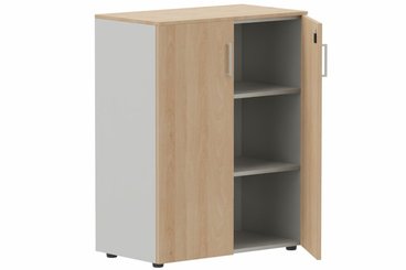 ARMOIRES PORTES BATTANTES - Mélaminés - Armoire mélamine H102xL120cm portes bois, Top de finition : hêtre / Corps d'armoire et tablettes : aluminium / Façade : Hêtre / Poignées aluminium