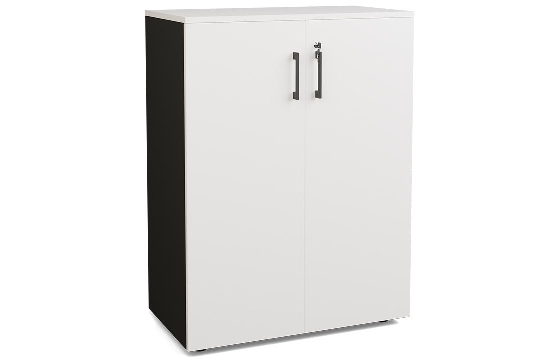 Armoire mélamine H102xL120cm portes bois, Top de finition : blanc / Corps d'armoire et tablettes : noir / Façade :blanc /Poignée aluminium