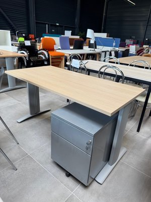 DESTOCKAGE - Bureau - Bureau 140 x 70 cm piétement couleur aluminium, plateau chêne, avec caisson mobile 2 tiroirs dont un pour dossier suspendu