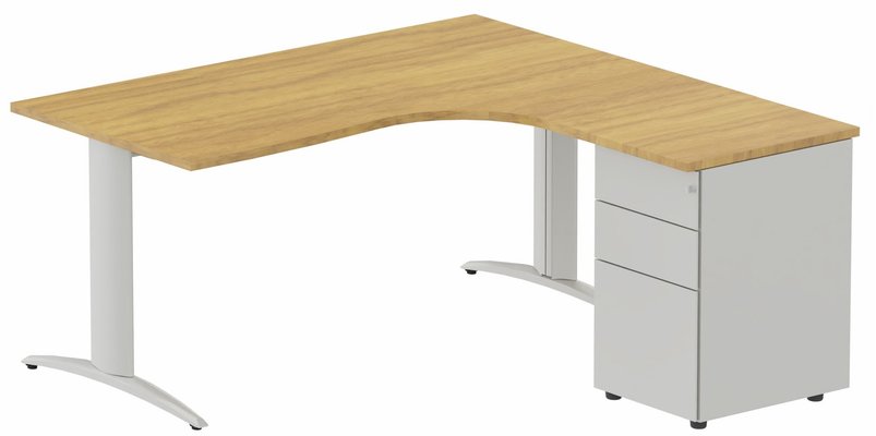 Gamme K2 - Plans compacts - K2 Compact 90° asymétrique 160x162x80/60cm retour à droite avec caisson HB métal 3 tiroirs noyer / alluminium