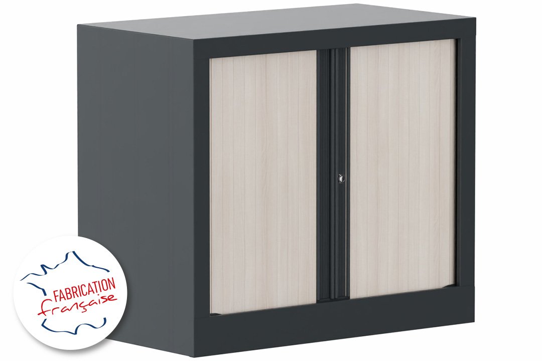 Armoire à rideaux H69,5xL80cm 1 tablette, coffre anthracite, rideaux acacia