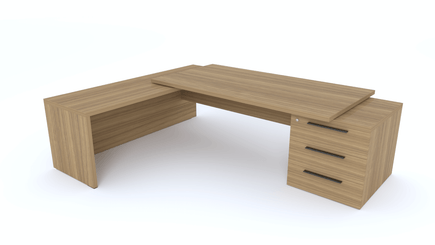 Gamme X5 - Tables de Bureau avec retour - X5- Plan Manager 200x100cm sur caisson XXL 3 tiroirs avec retour mur débordant (encombrement 256x200cm) , Finitions = Plateau : noyer / Caisson : noyer / Poignées noires