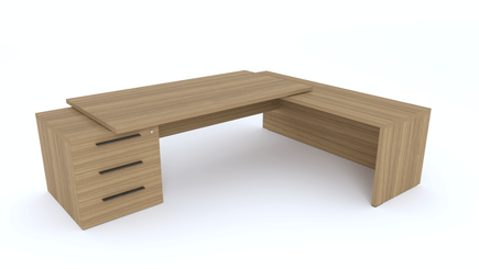 Gamme X5 - Tables de Bureau avec retour - X5- Plan Manager 200x100cm sur caisson XXL 3 tiroirs avec retour mur débordant (encombrement 256x200cm) , Finitions = Plateau : noyer / Caisson : noyer / Poignées noires