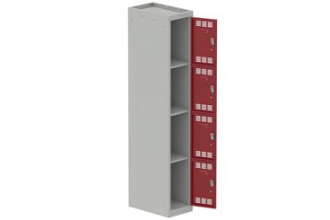 [Pas de famille] - [Pas de sous famille] - Vestiaire multicases 1 colonne L,30cm 4 cases (fermeture cadenas) H,180xL,30xP,50cm coffre gris clair/portes rouge