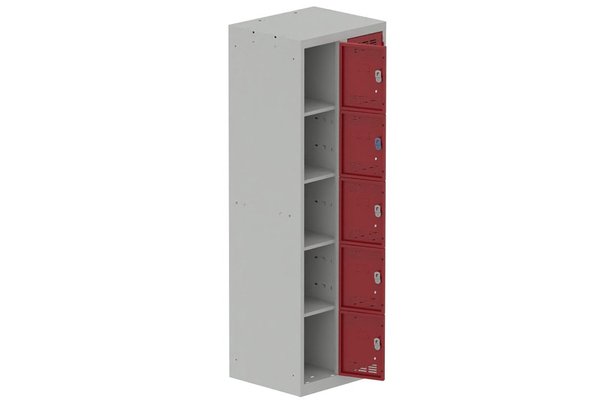 [Pas de famille] - [Pas de sous famille] - Vestiaire multicases 2 colonnes L,30cm 5 cases (fermeture cadenas) H,180xL,60xP,50cm coffre gris clair/portes rouge