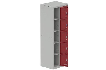 [Pas de famille] - [Pas de sous famille] - Vestiaire multicases 2 colonnes L,30cm 5 cases (fermeture cadenas) H,180xL,60xP,50cm coffre gris clair/portes rouge